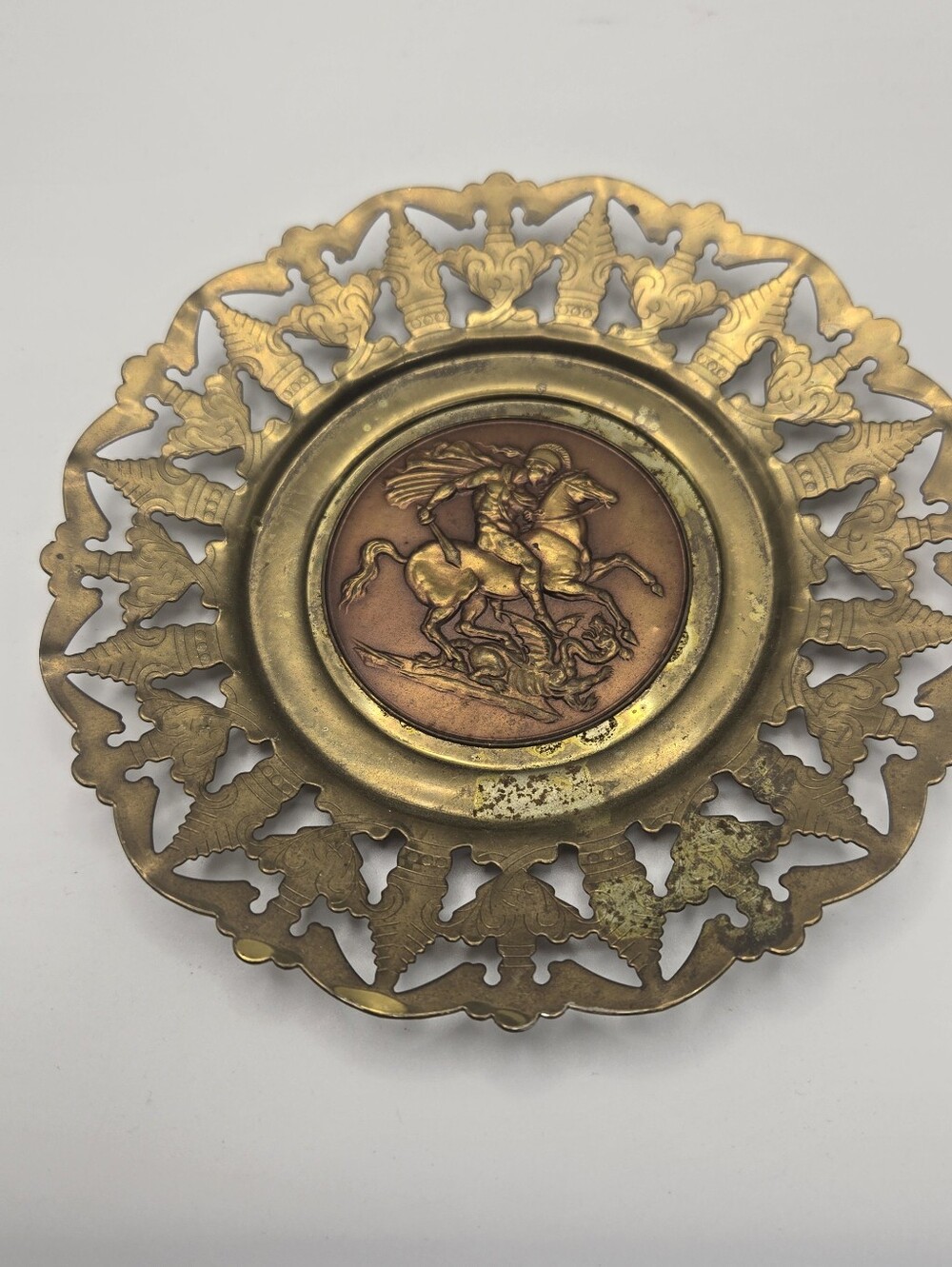 Vintage Brass Wall Art Plate With Art On Front